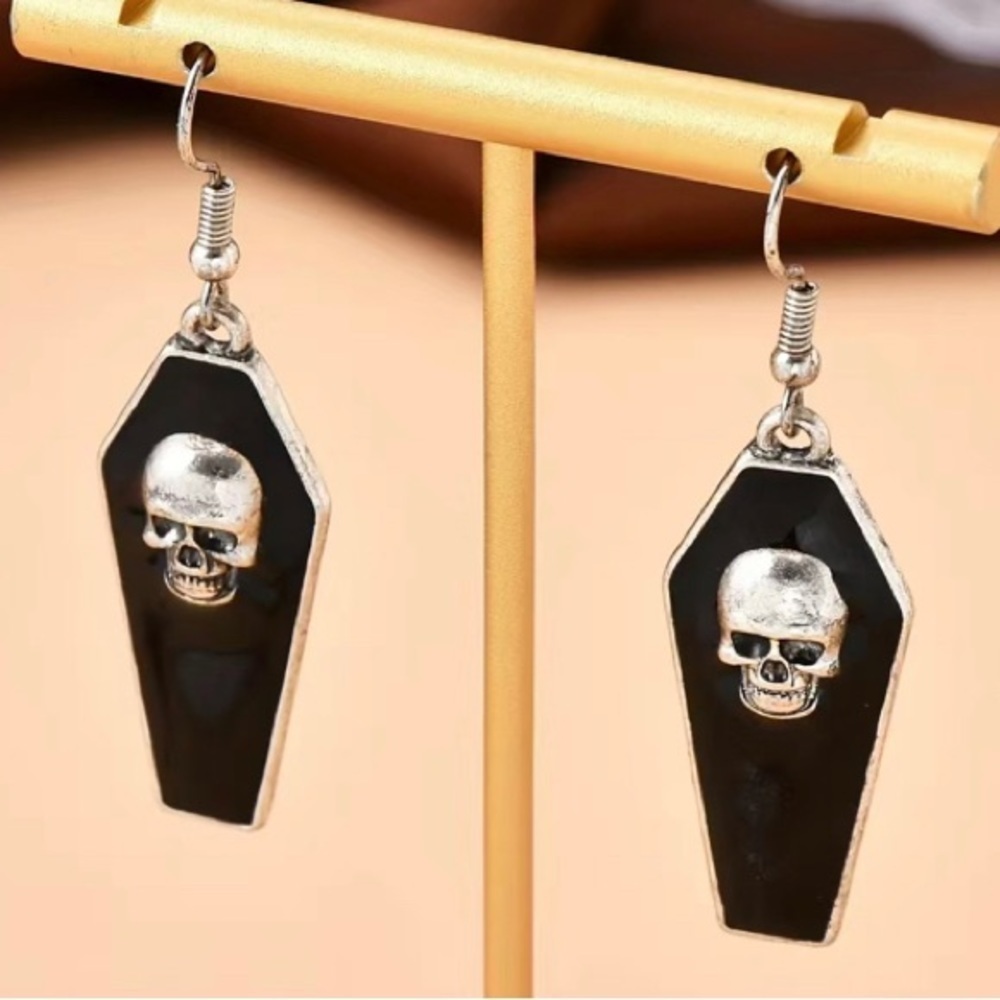 *BOGO FREE* Black coffin earrings adorned with a skull